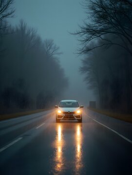 A car driving through the rain on a road