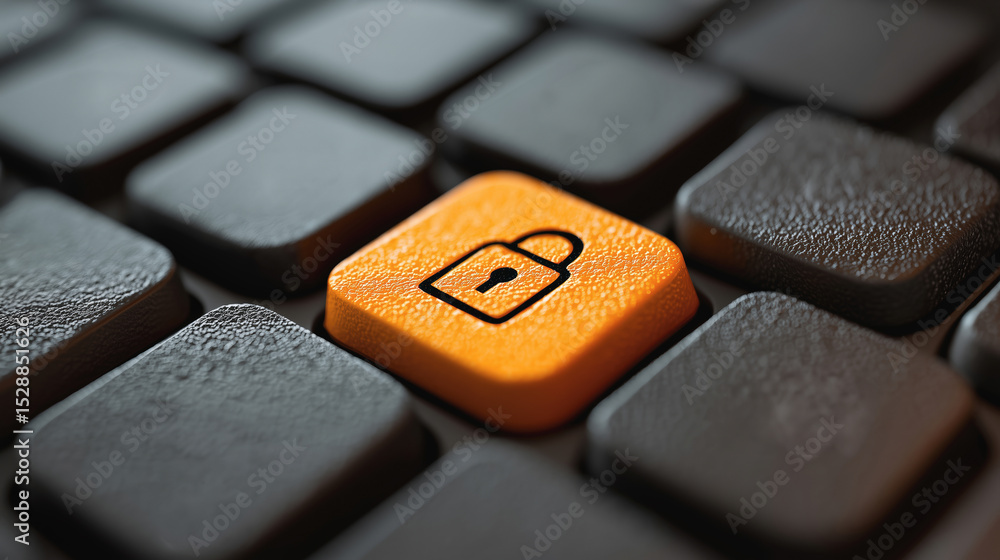 Poster a close-up of a keyboard with an orange key featuring a padlock symbol, representing digital securit