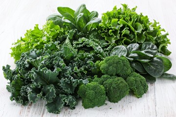 Colorful collection of fresh green vegetables displayed on a clean white surface
