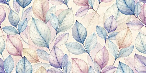 Pastel Leaf Pattern Delicate Watercolor Botanical Illustration Featuring a Seamless Design of Translucent Foliage in Soft Hues