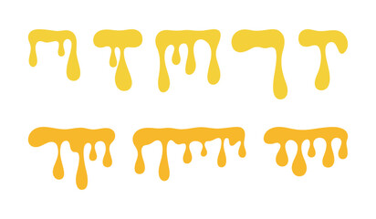 Liquid yellow flowing dripping honey, melted cheese, isolated on a white background, vector illustration, flat design. A simple graphic element for decoration, design, label, banner 