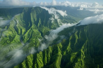 Breathtaking aerial view of a verdant valley featuring a serene river and cascading waterfall