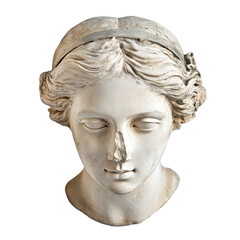 Gypsum copy of ancient Venus head showcasing detailed craftsmanship and historical significance, Gypsum copy ancient statue Venus head isolated on white background