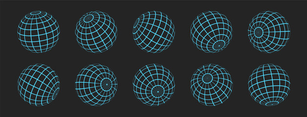 3D wireframes of spheres. Set of globes in various positions. Balls with a grid in brutalist style