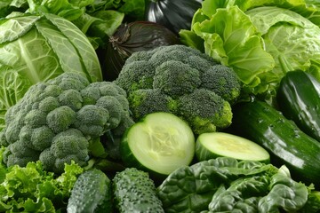 Vibrant collection of fresh green vegetables displayed on a clean white background