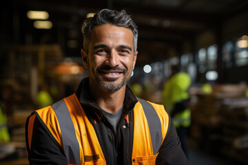 Fototapeta premium This image features a smiling man dressed in a safety vest, representing professionalism and approachability in a busy industrial work setting.