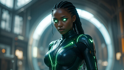 "Afrofuturistic Black Canary wearing a sleek vibranium-inspired suit, glowing eyes, and braided hair"
