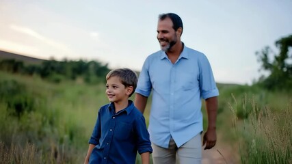 Caucasian male duo strolls through nature - young child and adult bond outdoors