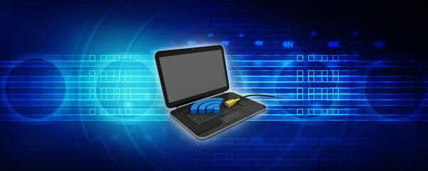 3d illustration WiFi symbol with aux cable on laptop