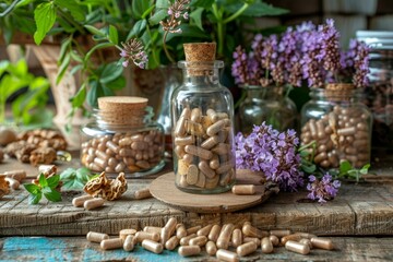 Variety of pills and herbal supplements displayed in a transparent glass container