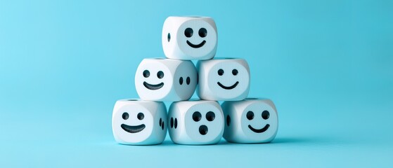 Five white wooden dice with different happy and sad face emoji symbols on each side, stacked in a pyramid shape against a light blue background. This concept provides copy space