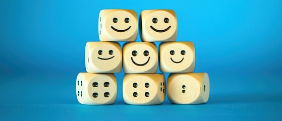 Five wooden dice with different happy and sad face drawings on them, stacked in a pyramid format against a blue background, serve as a banner for a customer experience or service review form.