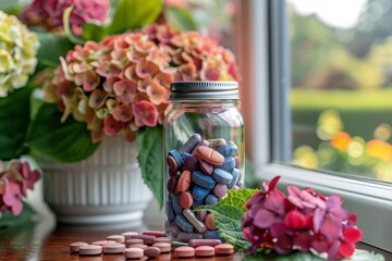 Variety of medicinal pills and natural herbs displayed in a transparent glass container