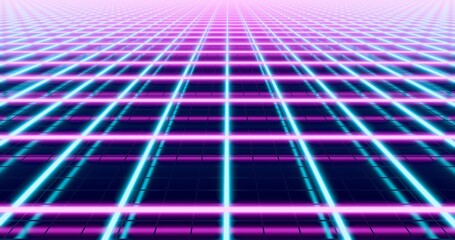 Futuristic glowing neon light background. Shining grid pipes and metal floor in perspective. 3D rendering.