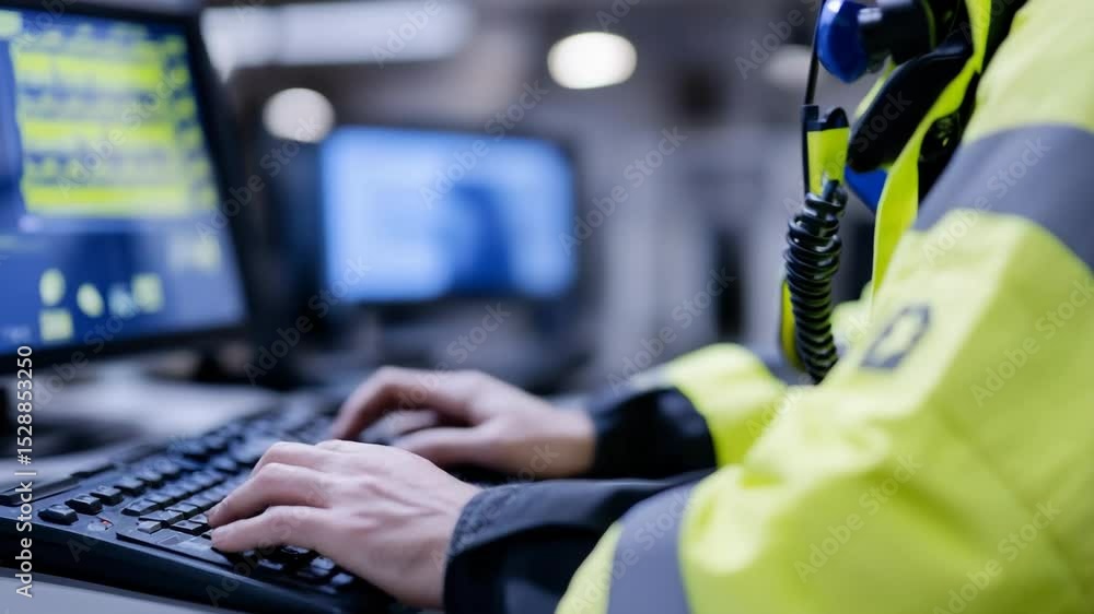 Poster security professionals in live monitoring environment focused on keyboard and screens with vigilance