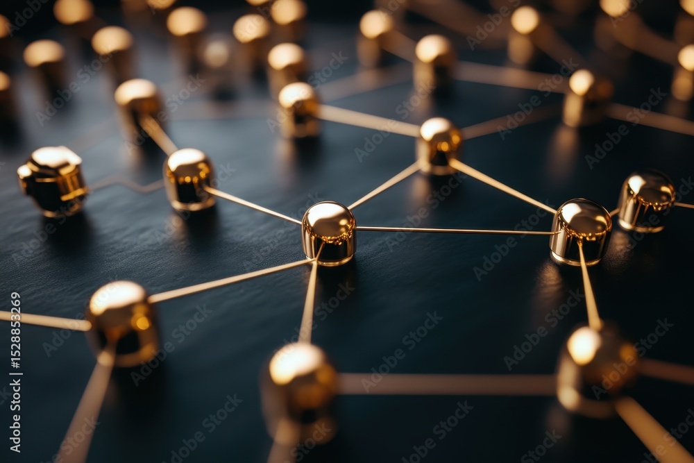 Poster complex network of connections displayed on a black background with golden nodes emphasizing interco