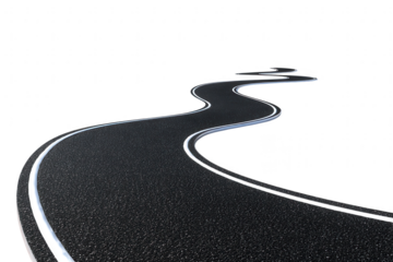 Winding asphalt road with white line isolated on transparent background