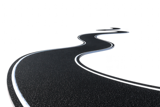 Winding asphalt road with white line isolated on transparent background