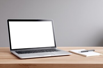 Laptop mock up with blank screen placed on wooden desk beside notepad and pen, creating a minimalist workspace environment ideal for design projects and digital content creation