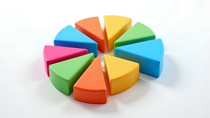Colorful 3D pie chart with separate slices, illustrating data, statistics, or market share. A business concept for analysis, reports, and infographics, isolated on a clean white back