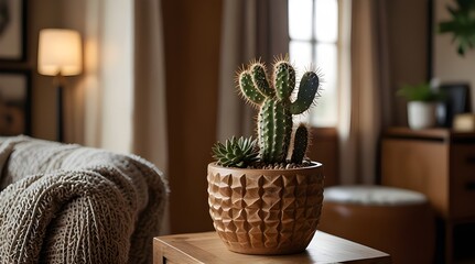 A close-up of a cactus in a geometric pot, placed next to wooden decor items in a cozy living room corner. generative.ai