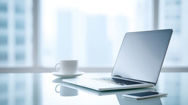 Modern laptop on glass table beside white coffee cup and smartphone, with blurred cityscape in background, creating a serene workspace atmosphere for productivity and creativity
