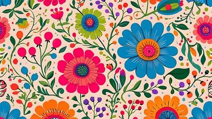 Naklejka premium Vibrant Floral Pattern A Colorful Tapestry of Blossoms and Botanicals