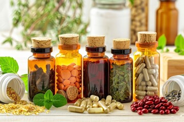 Variety of herbal remedies and capsules displayed in a transparent glass container
