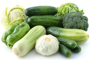 Fresh green vegetables collection displayed on a white background for culinary inspiration