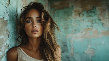 Fototapeta premium A stunning woman with flowing hair stands against a decaying wall, embodying raw beauty. The contrast of her expression with the backdrop evokes curiosity and depth.