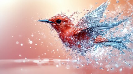 Vivid red hummingbird mid flight surrounded by sparkling water droplets against a soft pink background
