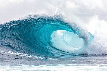 Dynamic ocean wave curling and breaking with foam and spray captured on a white background