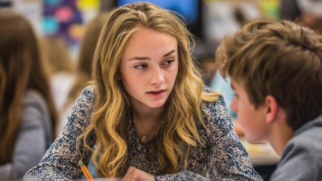 Concept photo of a student helping a classmate understand a difficult concept, highlighting the collaborative and supportive nature of Christian education.