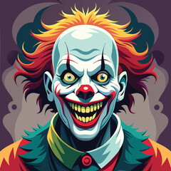 A creepy clown with a sinister smile and colorful hair