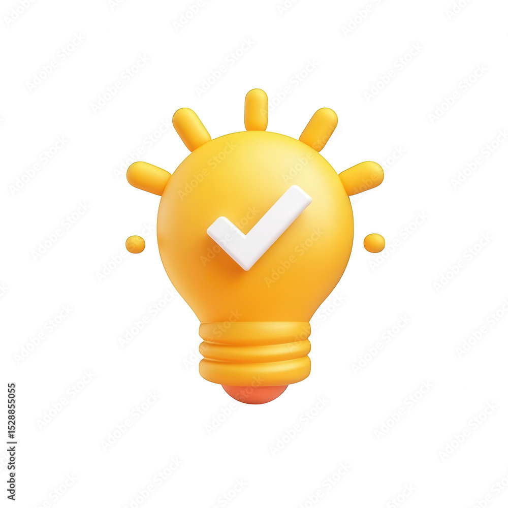 Poster 3d render yellow light bulb with check mark isolated on transparent background