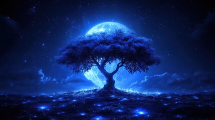 Majestic blue tree under luminous moon a surreal night landscape with glowing orbs ethereal scene