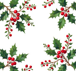Fototapeta premium Red Holly Berries with Green Leaves, Transparent Cutout, Festive Design Element