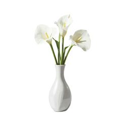 Minimalist white ceramic vase with three elegant calla lilies and green stems, isolated on a white background, clean and sophisticated.