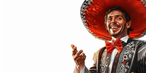 Mariachi musician smiling and pointing with hand while wearing sombrero