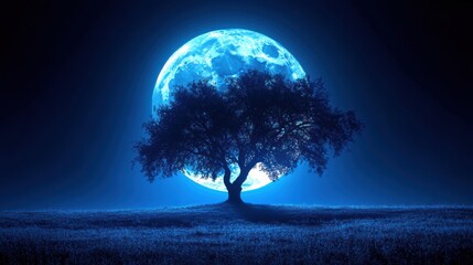 Dramatic lone tree in tranquil landscape under a radiant blue moon fantasy ethereal dreamscape nature at night