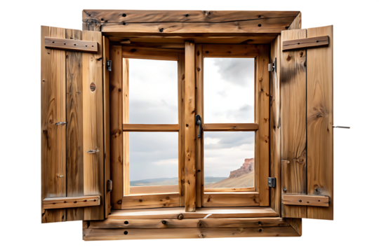 Rustic Wooden Window with Shutters Overlooking Desert Landscape on Transparent Background