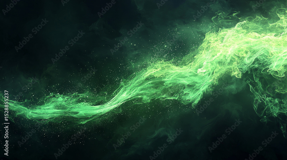Poster vivid green smoke twisting against a dark canvas, creating a mysterious and fluid abstract design