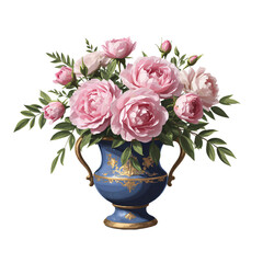Vintage blue porcelain vase with gold patterns, filled with pink peonies and roses on a white background, luxurious and classic.