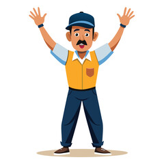 Cartoon man with mustache raising arms wearing cap and vest