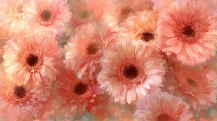 Imagine a floral scene filled with gerbera flowers, rendered in soft peach fuzz tones, designed to convey calming rhythms and provide a soothing visual experience AI Generate. High quality
