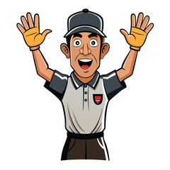 Cartoon man with hands raised wearing gloves and a cap