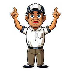 Cartoon man with cap pointing upwards with both hands up