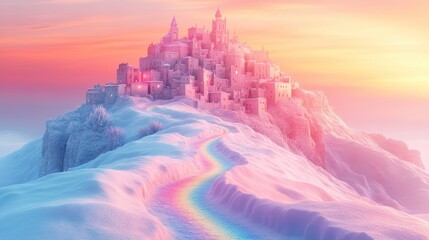 Magical Pink City Atop Snowy Mountain at Sunset A Fantasy Winter Landscape With Rainbow Path and Enchanting View
