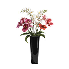 Obraz premium Tall, slim black vase with exotic orchids and anthuriums in vivid colors, on a white background, striking and contemporary.