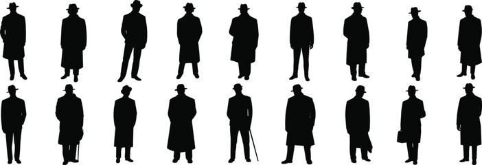 Classic Male Silhouettes: Dapper Men in Hats and Coats, Evoking a Bygone Era, Perfect for Vintage, Gangster, and Historical Themed Designs